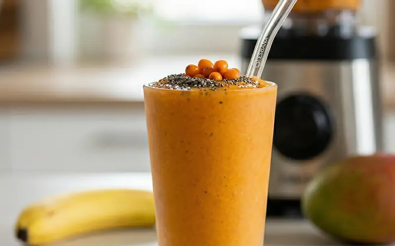 Oranžové rakytníkové smoothie v pohári, vedľa banán a mango